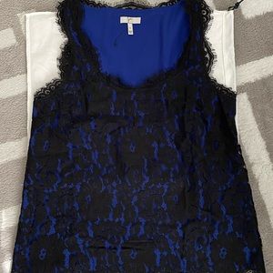 Blue Blouse with Black Lace Layer Appliqué